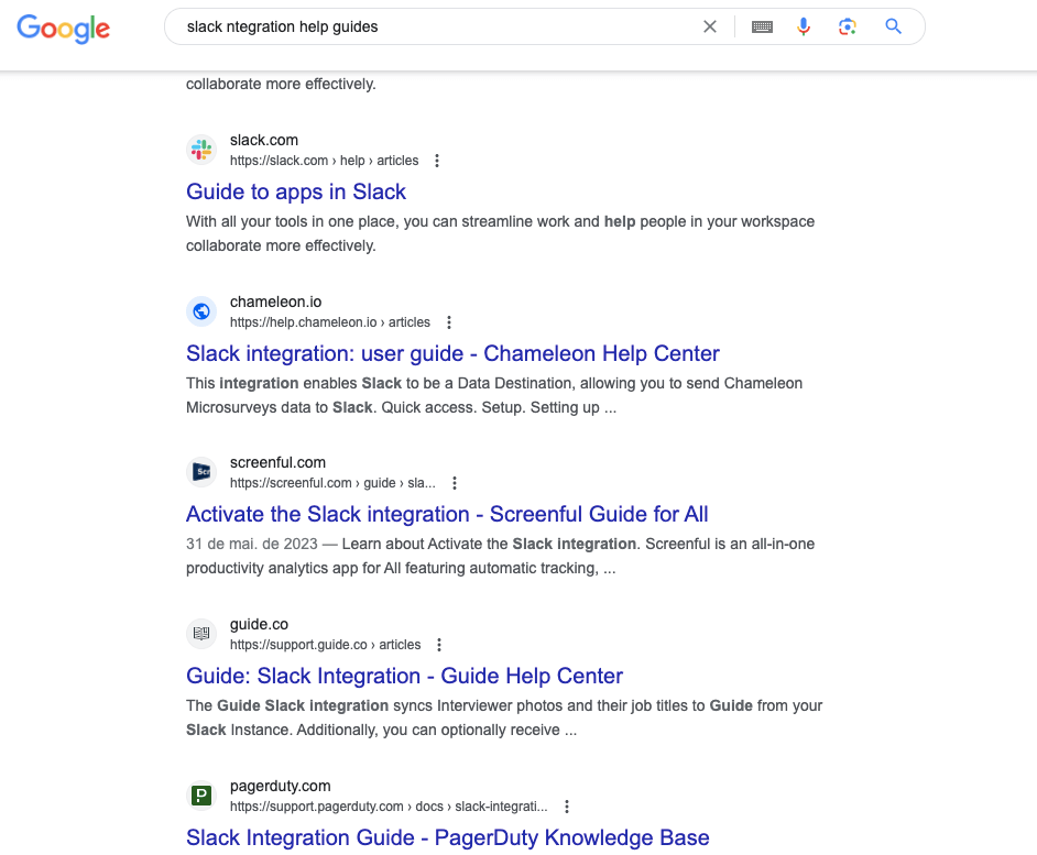 Imagen que mostra resultados na SERP para o termo "slack integration help guides"