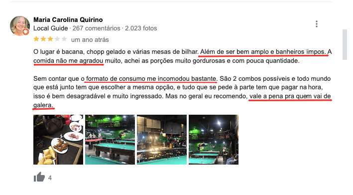 print de uma aaliação do google sobre um bar de sinuca