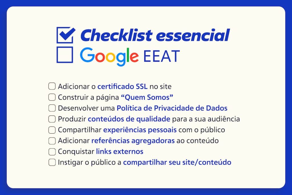 Infográfico com um checklist essencial de EEAT para um site.