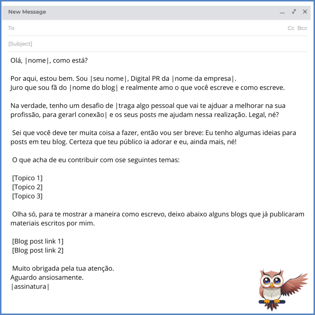 Template de blog para entrar em contato e pedir guest post. O modelo mostra uma aproximação indicando gostar do conteúdo do postal