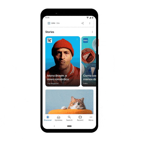 GIF explicando como os web stories são exibidos no Google Discover.