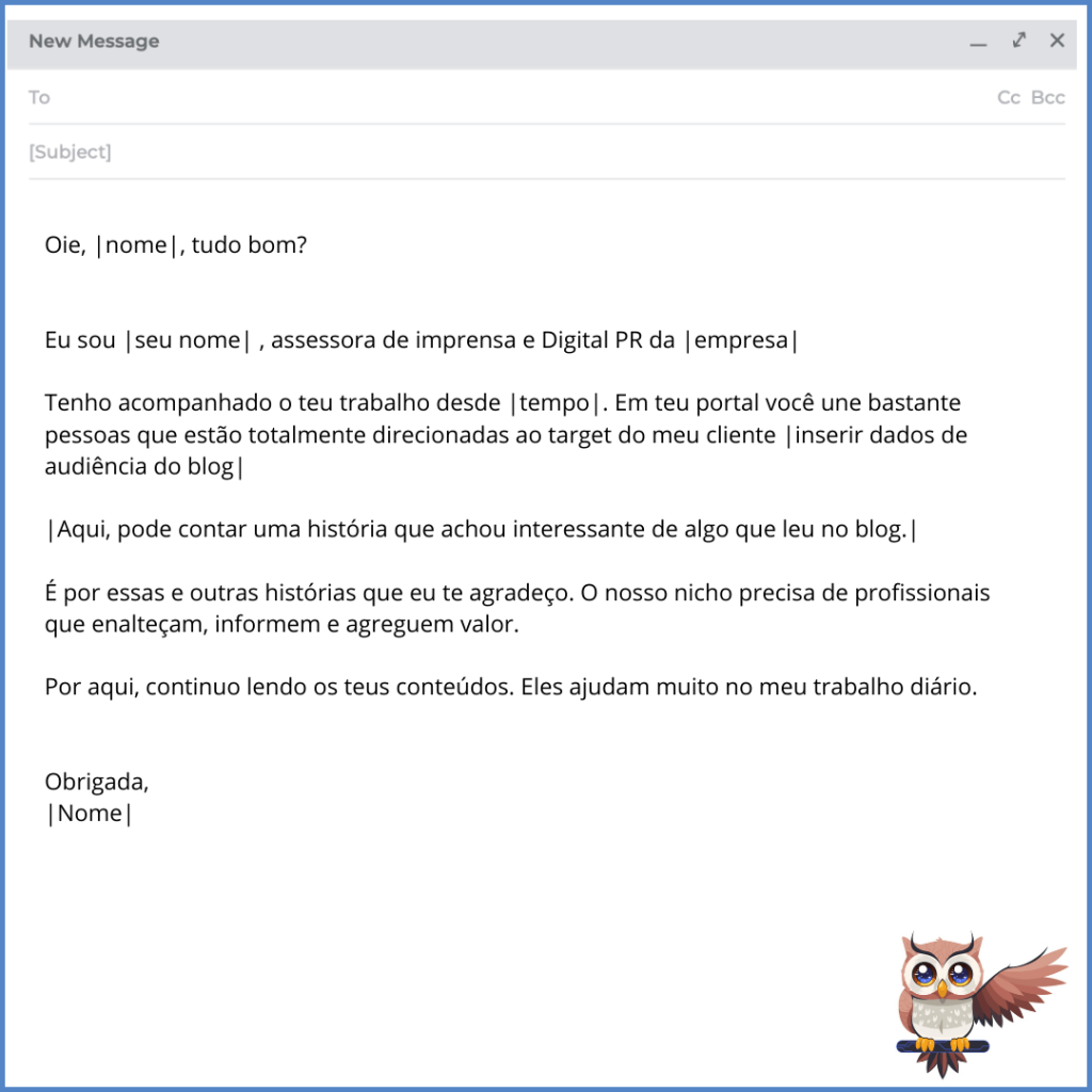 template de modelo de contato com blogueiro agradecendo pela contribuição dele para o mercado de atuação