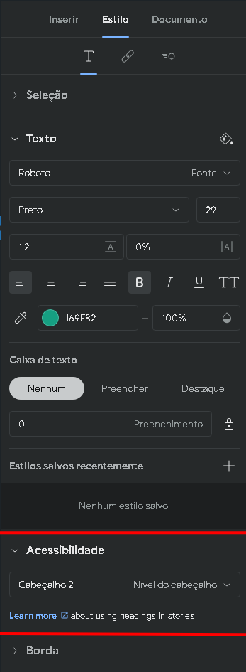 Print das funcionalidades de estruturação do texto no plugin de Google Web Stories.