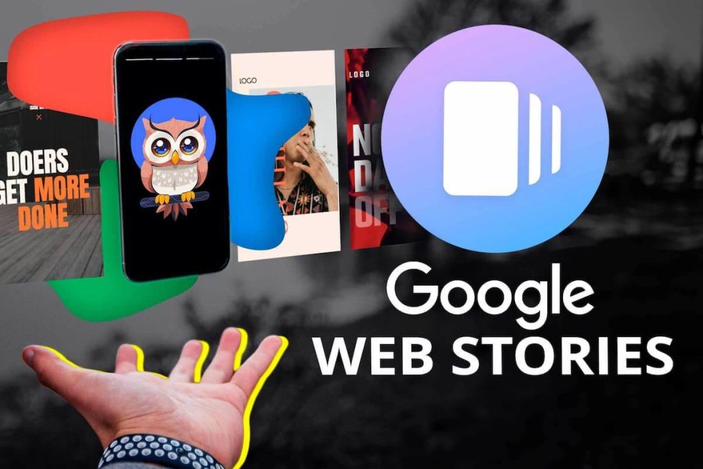 Fotografia de uma mão e ilustrações de web stories inseridas com o Photoshop.