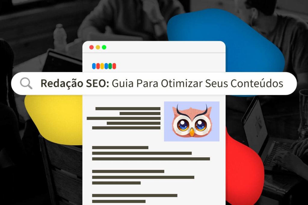 Ilustração de uma página de conteúdo de blog com o texto "redação SEO" em evidência.
