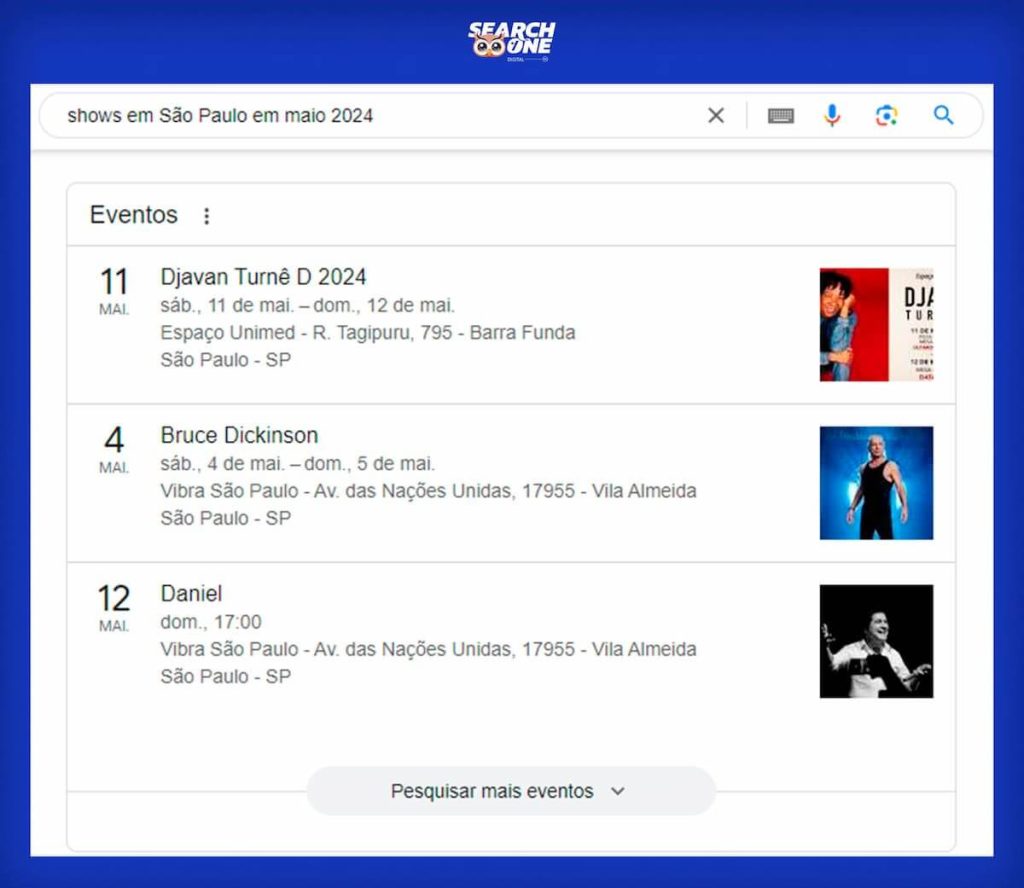 Print Screen de um snippet do Google realizado com dados estruturados para agendas de show.