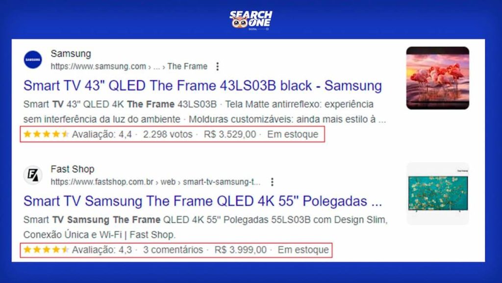 Print Screen de SERP do Google com snippet exibindo avaliação de produtos.