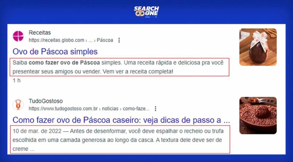 Print Screen de SERP do Google, com destaque para as meta descriptions presentes nos snippets.