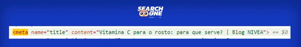 Imagem de um código HTML com a marcação de meta title.