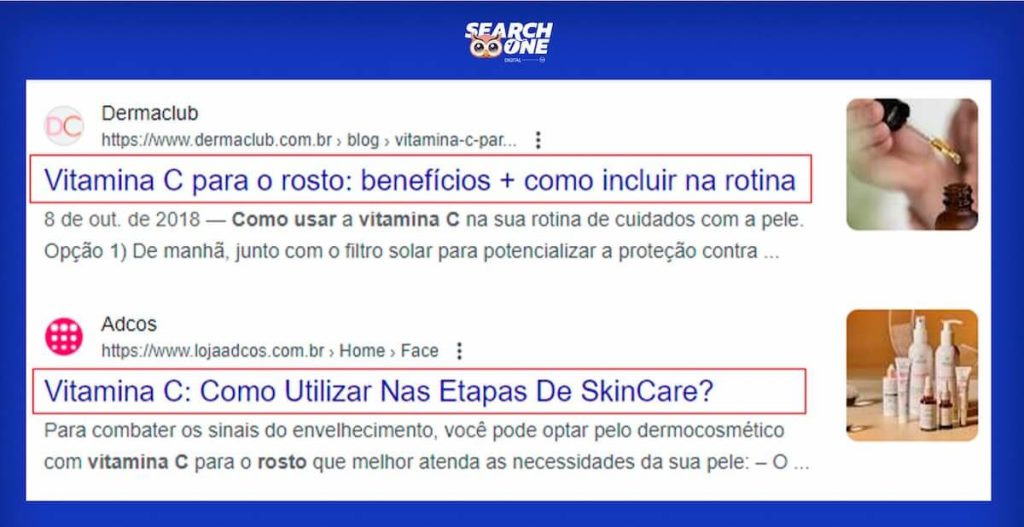 Print screen da SERP do Google com os títulos SEO em destaque nos snippets.
