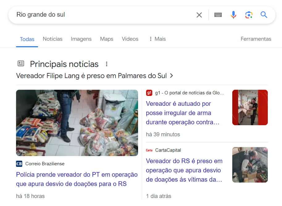 Print de SERP do Google, destacando o espaço de "principais notícias".