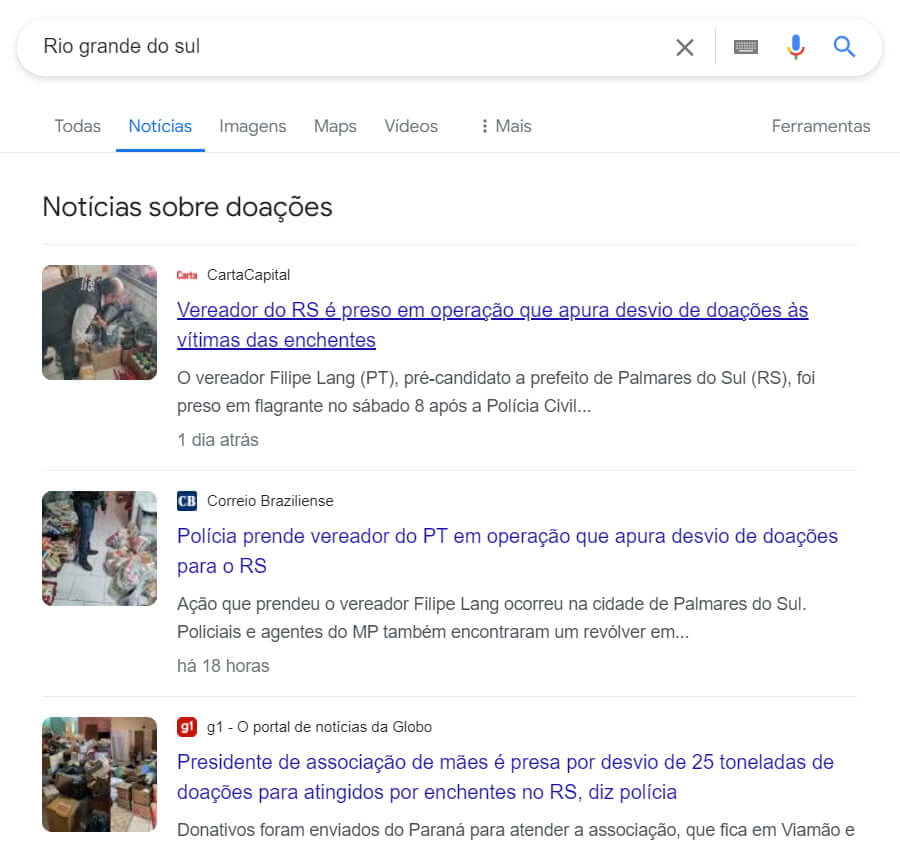 Print da SERP do Google na categoria de notícias.