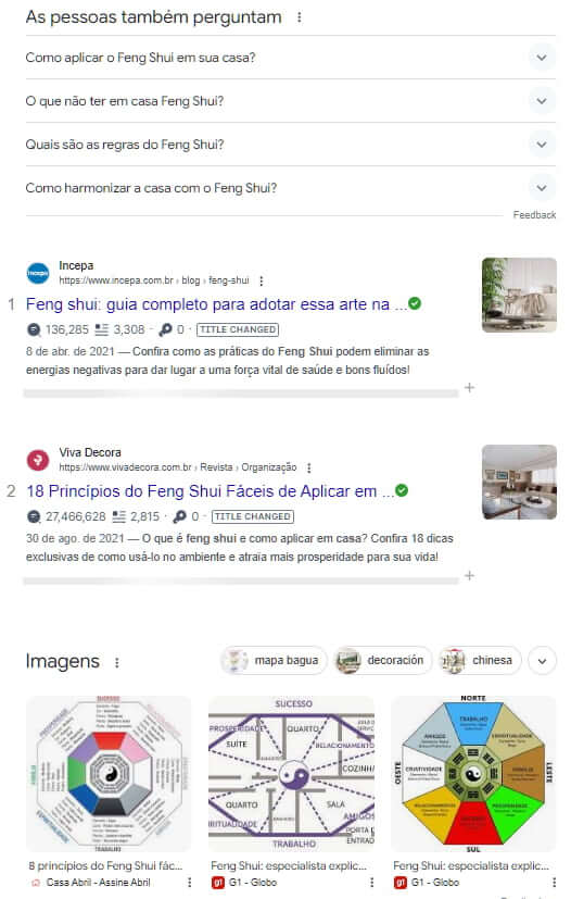 Print da SERP do Google para "feng shui casa".