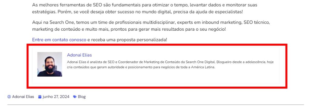 Print de uma página de blog com espaço para a biografia do autor.