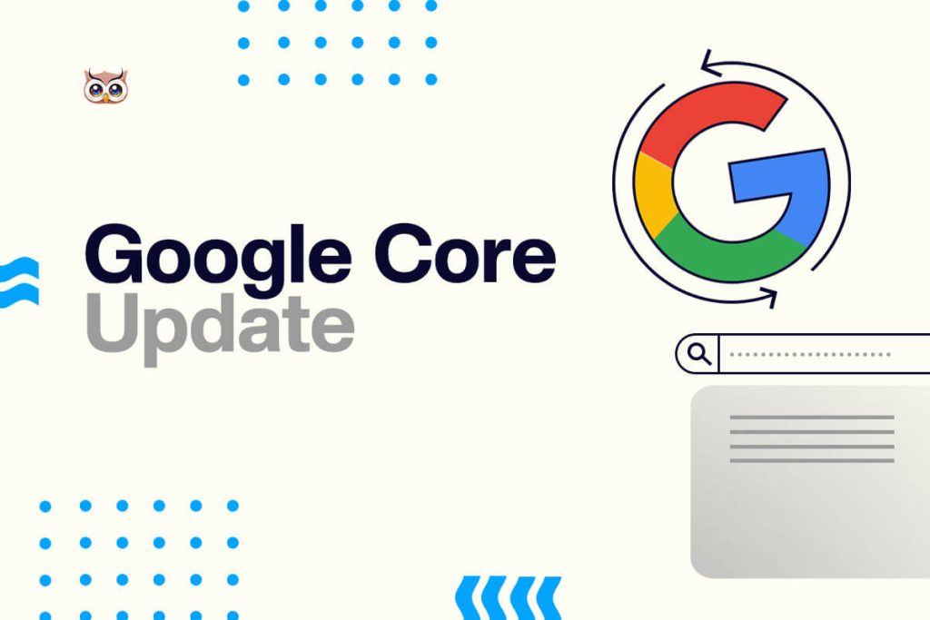 Ilustrações e grafismos coloridos ao redor do título "Google Core Update".