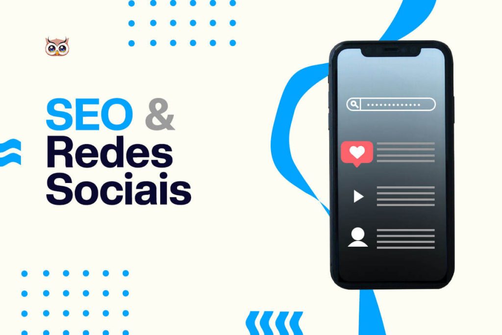 Ilustrações e grafismos coloridos ao redor do título "SEO e Redes Sociais".