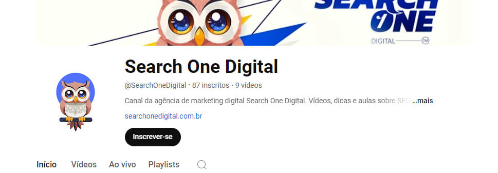 Print da página do Youtube da Search one Digital, que foi otimizada com estratégias de seo para redes sociais