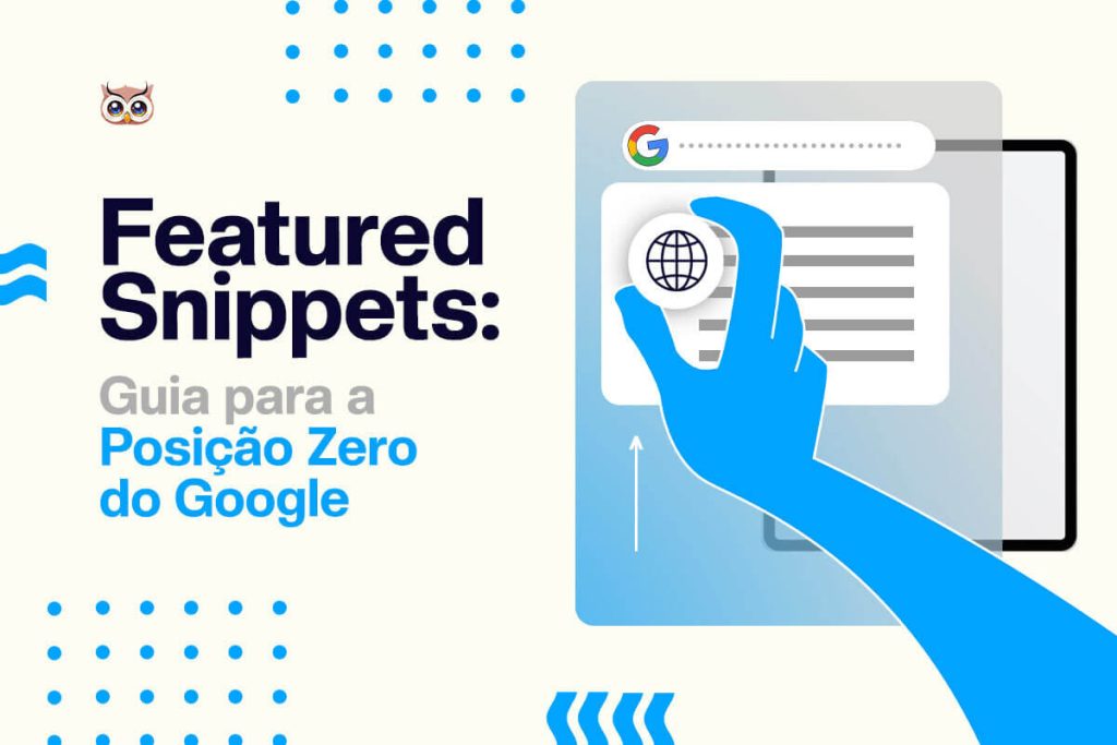 Ilustrações e grafismos coloridos ao redor do título "Featured Snippets".