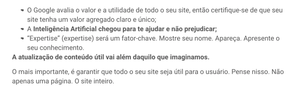 Texto sobre a importância da atualização de conteúdo útil e a influência da Inteligência Artificial.