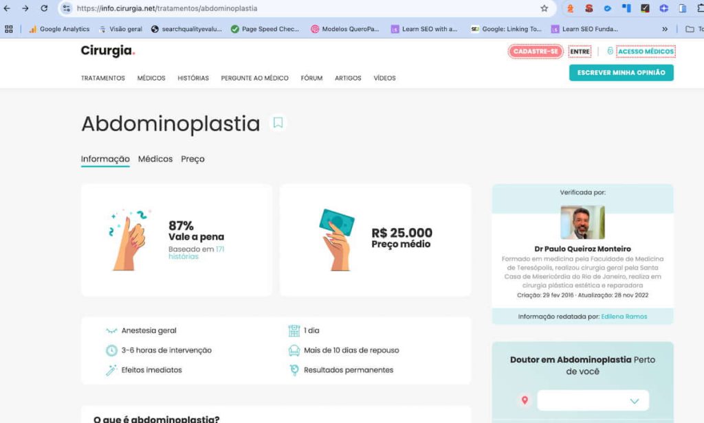 Informações sobre abdominoplastia, incluindo preço médio e benefícios do procedimento, destacando sua popularidade e avaliação positiva.