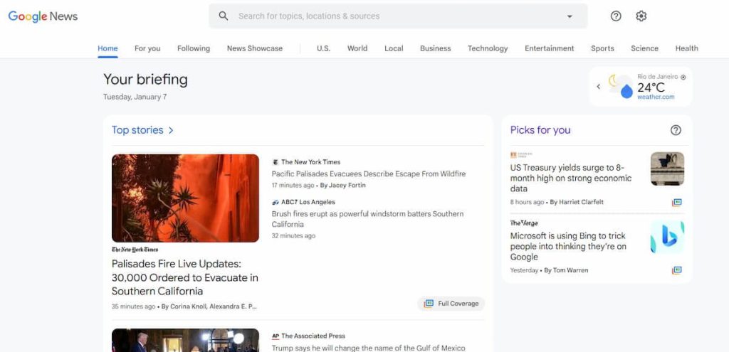 Captura de tela do Google News mostrando as últimas notícias, incluindo atualizações sobre incêndios na Califórnia e a política nos Estados Unidos.