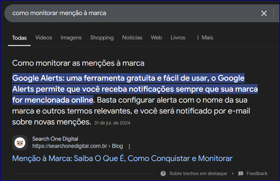 print de dela evidenciando um featured snippet da search one digital, relacionado ao assunto de seo branding reconhecimento de marca