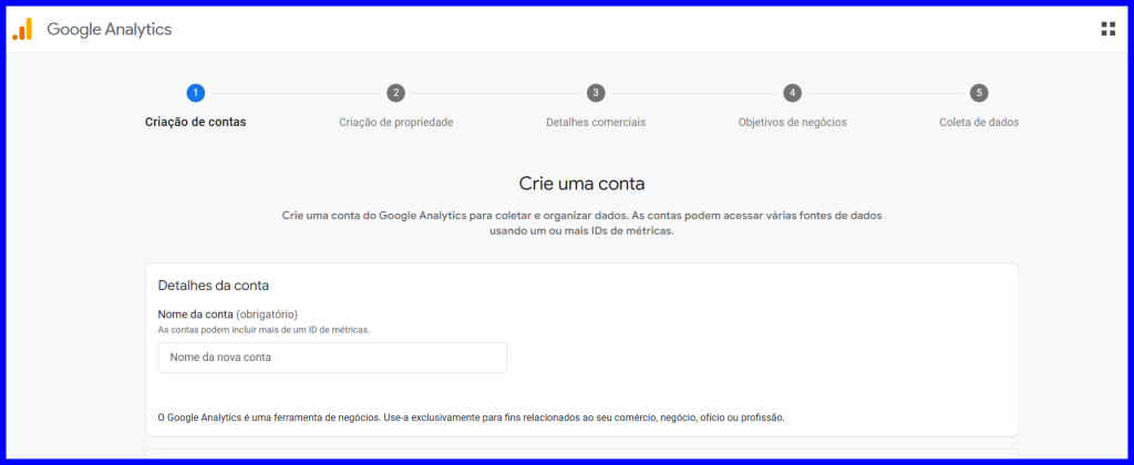 Tela de criação de contas no Google Analytics, onde é possível organizar dados para análise.