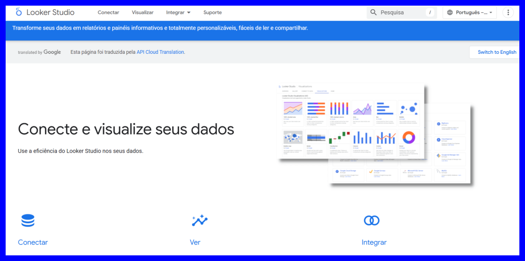 Imagem mostrando a interface do Looker Studio, destacando a capacidade de conectar e visualizar dados em relatórios personalizados, com gráficos e painéis informativos.