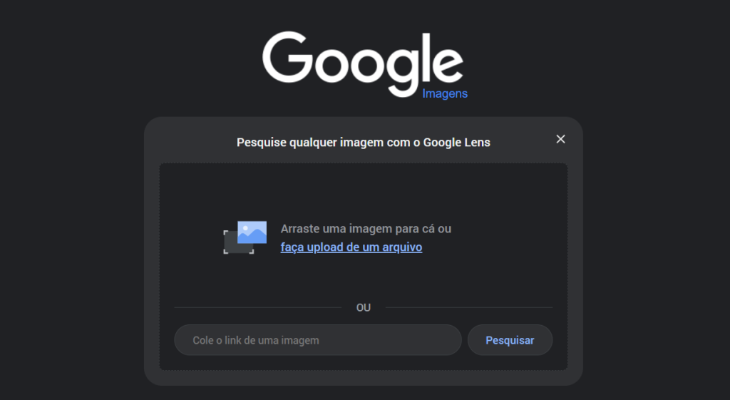 Tela do Google Imagens com instruções para pesquisa de imagens usando Google Lens, permitindo arrastar imagens ou fazer upload de arquivos.