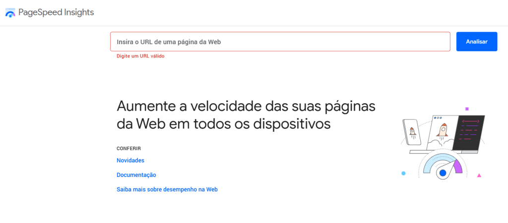 Interface do PageSpeed Insights, ferramenta do Google para analisar a velocidade de páginas da web em diversos dispositivos.