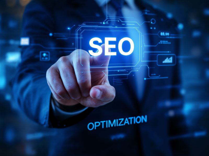 A imagem mostra uma pessoa vestida com terno escuro tocando uma tela virtual ou interface digital futurista, com destaque para o termo: SEO (Search Engine Optimization)
