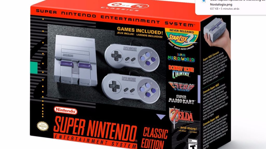 A imagem mostra a caixa do Super Nintendo Classic Edition. A embalagem preta e vermelha exibe o console cinza compacto e dois de seus controles, com botões roxos. Há uma lista de jogos inclusos, incluindo "Star Fox 2" (nunca lançado antes), "Super Mario World", "Donkey Kong Country", "Street Fighter II Turbo", "Super Mario Kart" e "The Legend of Zelda". No canto superior direito, uma mão segura o mini console. O logo "Nintendo" e "SUPER NINTENDO ENTERTAINMENT SYSTEM CLASSIC EDITION" estão em destaque.
