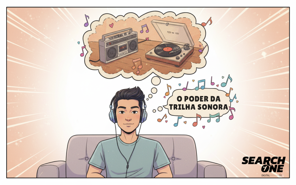 Quadro ilustrativo sobre o uso de elementos sensoriais no marketing de nostalgia. A imagem mostra como a música (ícone de toca-fitas e vitrola no pensamento) transporta o consumidor no presente para memórias do passado, destacando 'O Poder da Trilha Sonora'.