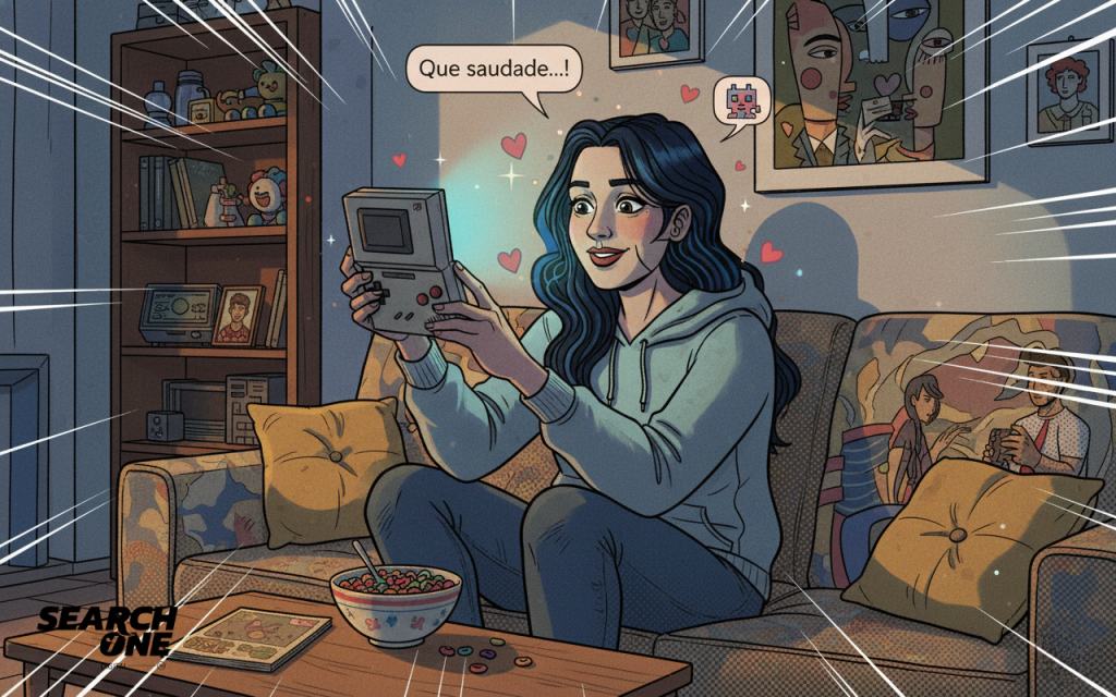 Um quadrinho vibrante mostra uma jovem feliz, sentada no sofá, segurando um videogame portátil retrô. Corações flutuam, e um balão de fala diz "Que saudade...!", indicando nostalgia.
