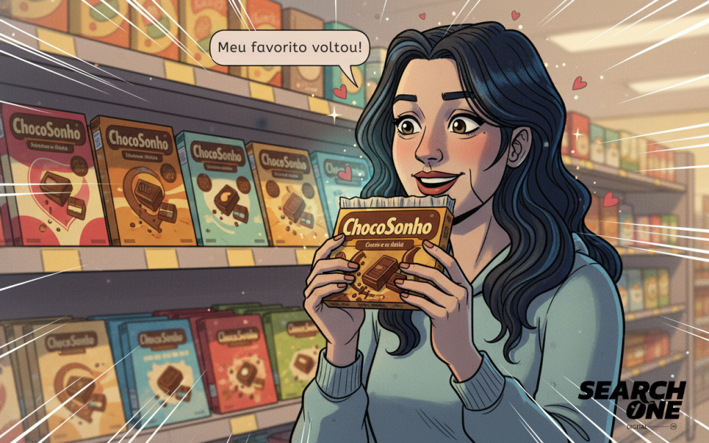 Quadro ilustrado de uma consumidora encontrando um produto relançado ('ChocoSonho') na prateleira, demonstrando forte apelo emocional e satisfação. A imagem ilustra o sucesso da estratégia de reviver produtos em campanhas nostálgicas.