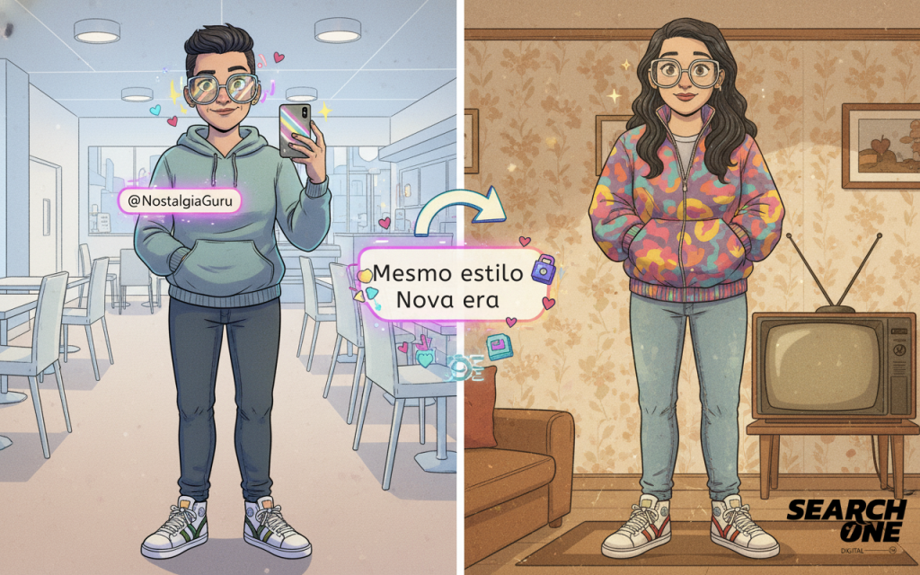 Ilustração que compara o estilo retrô no presente e no passado. Um lado mostra um influenciador moderno com moda vintage, e o outro, uma pessoa nos anos 80/90 com roupas semelhantes, destacando como o 'Mesmo estilo' se adapta a uma 'Nova era' através do marketing de nostalgia.