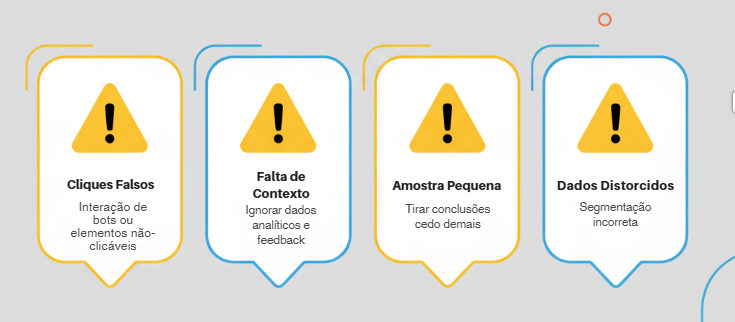 Infográfico visualizando os principais cuidados e limitações ao analisar um mapa de calor de site. Com ícones de advertência, alerta sobre interpretações erradas de heatmap UX: cliques falsos, falta de contexto, amostra de dados insuficiente e distorção por dispositivo. A imagem serve como um guia para evitar conclusões equivocadas com heatmap conversão.