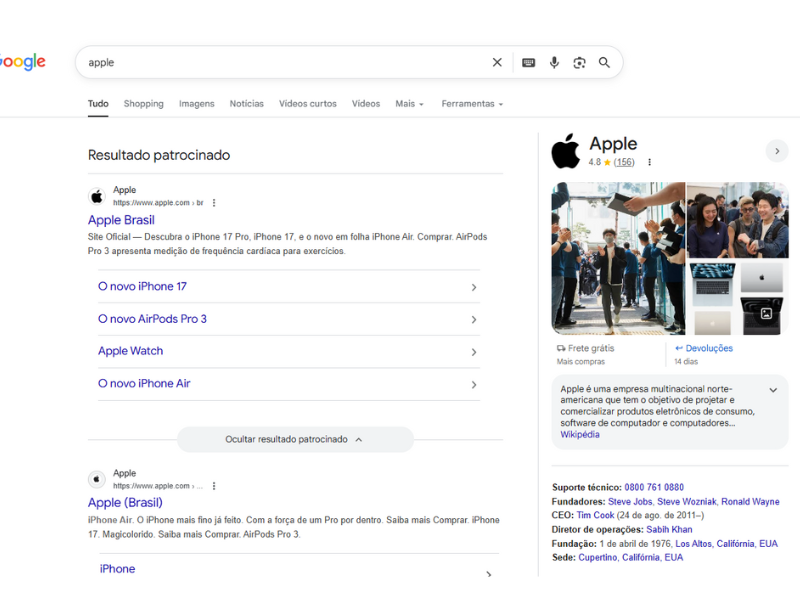 Resultado de busca no Google pela Apple, destacando um Painel de Conhecimento que fornece uma visão geral autoritativa da empresa com dados e imagens, permitindo uma busca zero-click para informações essenciais.