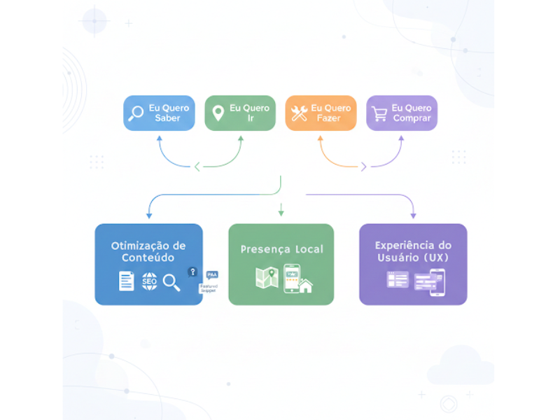 Diagrama de micro-momentos marketing mostrando a conexão entre os 4 tipos de intenção do cliente (Quero Saber, Ir, Fazer, Comprar) e as táticas de otimização de conteúdo (PAA, Featured Snippet), presença local e experiência do usuário.