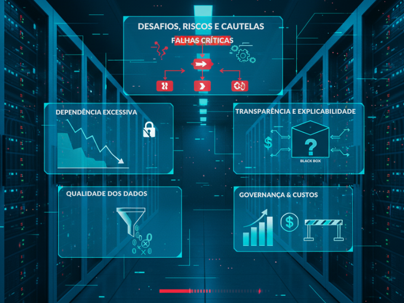 Ilustração conceitual representando os desafios e riscos da automação inteligente, sem a figura de um robô. O fundo mostra um corredor de racks de servidores com iluminação azul. No centro superior, o título "DESAFIOS, RISCOS & CAUTELAS" está em destaque, com ícones de falhas e engrenagens. Abaixo, quatro painéis quadrados flutuantes representam os desafios principais: 1) "Dependência Excessiva" com um gráfico decrescente e um cadeado; 2) "Qualidade dos Dados: Garbage In, Garbage Out" com um funil filtrando dados ruins; 3) "Transparência e Explicabilidade: Black Box" com um ponto de interrogação sobre uma caixa preta; e 4) "Governança & Custos" com um gráfico de barras e um cifrão.