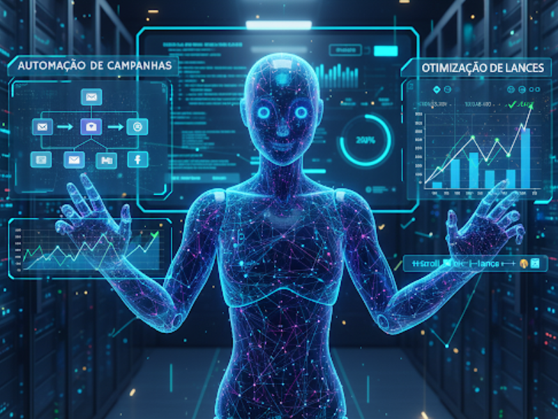Ilustração futurista de um agente de IA humanóide, com corpo em rede de luzes azuis e roxas, em um ambiente de servidor de dados. O agente está com as mãos estendidas, interage com interfaces holográficas que mostram gráficos e ícones. À esquerda, uma tela flutuante exibe "AUTOMAÇÃO DE CAMPANHAS" com um fluxo de e-mails e ícones de redes sociais. À direita, outra tela mostra "OTIMIZAÇÃO DE LANCES" com gráficos financeiros e um ícone de verificação. O ambiente ao redor é escuro, com racks de servidores iluminados em azul, reforçando a temática tecnológica e de dados.