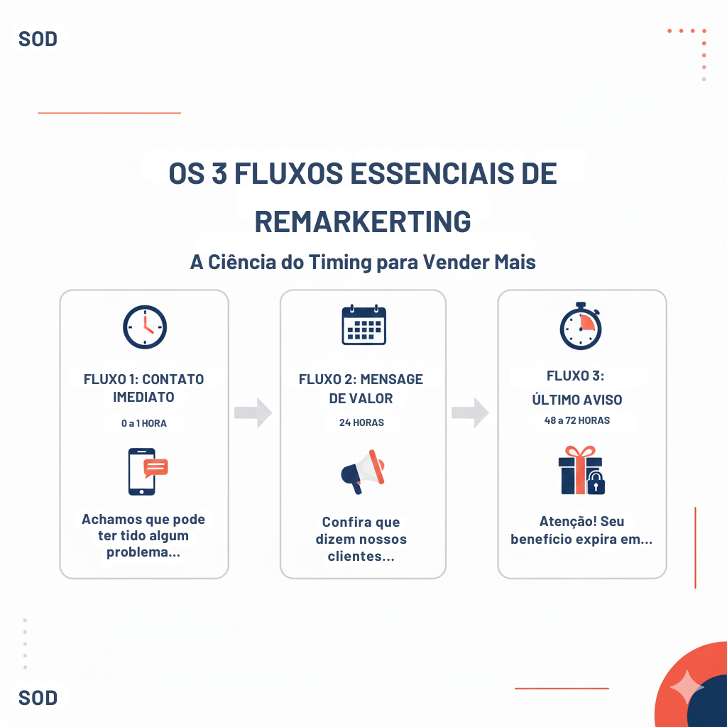 Infográfico com 3 caixas representando os fluxos essenciais de remarketing: Contato Imediato (0-1h), Mensagem de Valor (24h) e Último Aviso (48-72h), com ícones de relógio e calendário.
