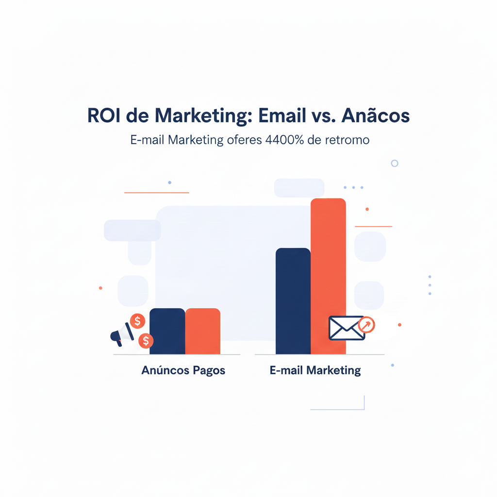 Gráfico de barras comparando o ROI (Retorno sobre Investimento) de Anúncios Pagos e E-mail Marketing, mostrando o e-mail com uma barra muito mais alta e ícone de envelope.