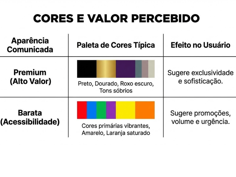 Tabela com o título 'CORES E VALOR PERCEBIDO', ilustrando como paletas de cores comunicam valor. A linha 'Premium (Alto Valor)' lista as cores Preto, Dourado, Roxo escuro e Tons sóbrios, sugerindo exclusividade e sofisticação. A linha 'Barata (Acessibilidade)' lista Cores primárias vibrantes, Amarelo e Laranja saturado, sugerindo promoções, volume e urgência."