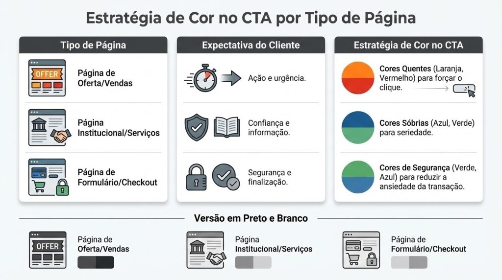 Diagrama 'Estratégia de Cor no CTA por Tipo de Página', que guia a escolha de cores para Calls to Action. Para 'Página de Oferta/Vendas' (Expectativa de Ação e urgência), a estratégia é usar Cores Quentes (Laranja, Vermelho) para forçar o clique. Para 'Página Institucional/Serviços' (Expectativa de Confiança e informação), a estratégia é usar Cores Sóbrias (Azul, Verde) para seriedade. Para 'Página de Formulário/Checkout' (Expectativa de Segurança e finalização), a estratégia é usar Cores de Segurança (Verde, Azul) para reduzir a ansiedade da transação."