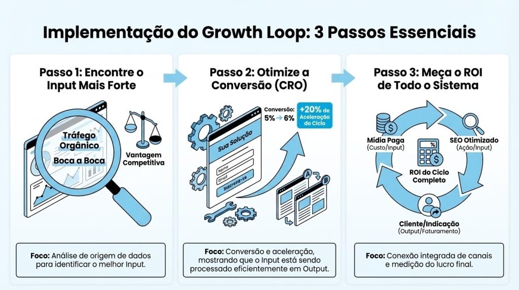 O diagrama "Implementação do Growth Loop: 3 Passos Essenciais" ilustra o processo de criação de um sistema de crescimento sustentável. O Passo 1: Encontre o Input Mais Forte foca na análise de dados para identificar canais de maior alavancagem, como Tráfego Orgânico e Boca a Boca, visando a Vantagem Competitiva. Em seguida, o Passo 2: Otimize a Conversão (CRO) mostra a otimização de uma Landing Page, onde aumentar a conversão de 5% para 6% resulta em uma "+20% de Aceleração do Ciclo". Por fim, o Passo 3: Meça o ROI de Todo o Sistema (Atribuição 360º) demonstra o ciclo de canais interconectados (Mídia Paga, SEO Otimizado) resultando em Cliente/Indicação, com uma calculadora no centro para medir o ROI do Ciclo Completo.