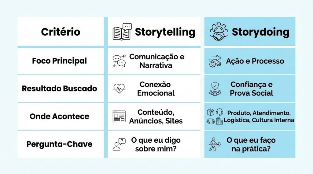 abela comparativa entre Storytelling e Storydoing. Categoria Criterio, Storytelling e Storydoing. Foco Principal: Storytelling é Comunicação e Narrativa; Storydoing é Ação e Processo. Resultado Buscado: Storytelling é Conexão Emocional; Storydoing é Confiança e Prova Social. Onde Acontece: Storytelling é Conteúdo, Anúncios, Sites; Storydoing é Produto, Atendimento, Logística, Cultura Interna. Pergunta-Chave: Storytelling é O que eu digo sobre mim?; Storydoing é O que eu faço na prática?.