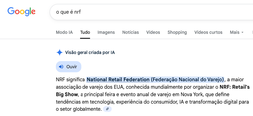 aptura de tela de uma interface de busca do Google com uma resposta gerada por inteligência artificial sob o título "Visovaçãm cieada por AI". O texto, que apresenta diversos erros de grafia e termos distorcidos, tenta explicar o significado de NRF como "National Retail Federation", mencionando o evento "Retail’s Big Show" em Nova York e temas como experiência do consumidor, IA e transformação digital. No topo, a barra de pesquisa contém o termo "o que é nrf" com letras sobrepostas, e abas de navegação como "Tudo", "Notvies" e "Shopos".