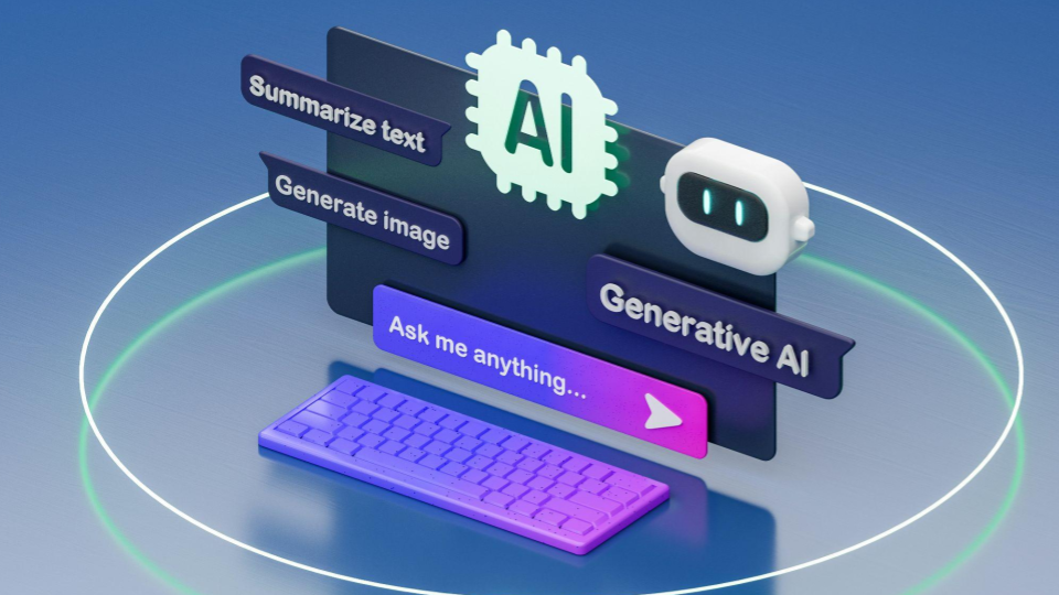 A imagem apresenta uma representação moderna e futurista de inteligência artificial generativa em um ambiente digital tridimensional.