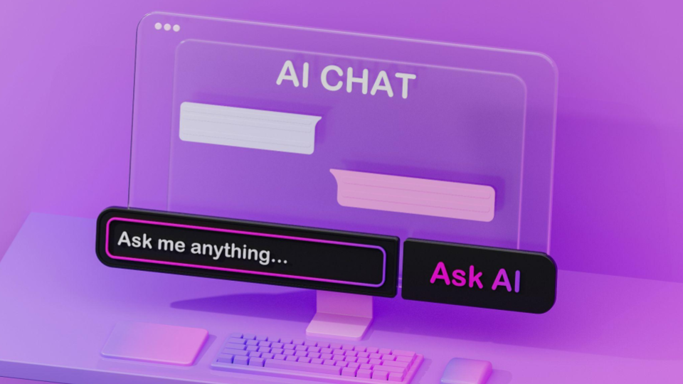 Esta é uma ilustração digital em estilo 3D e minimalista que representa uma interface de chat com Inteligência Artificial. Toda a cena é dominada por tons de roxo, lilás e rosa neon.